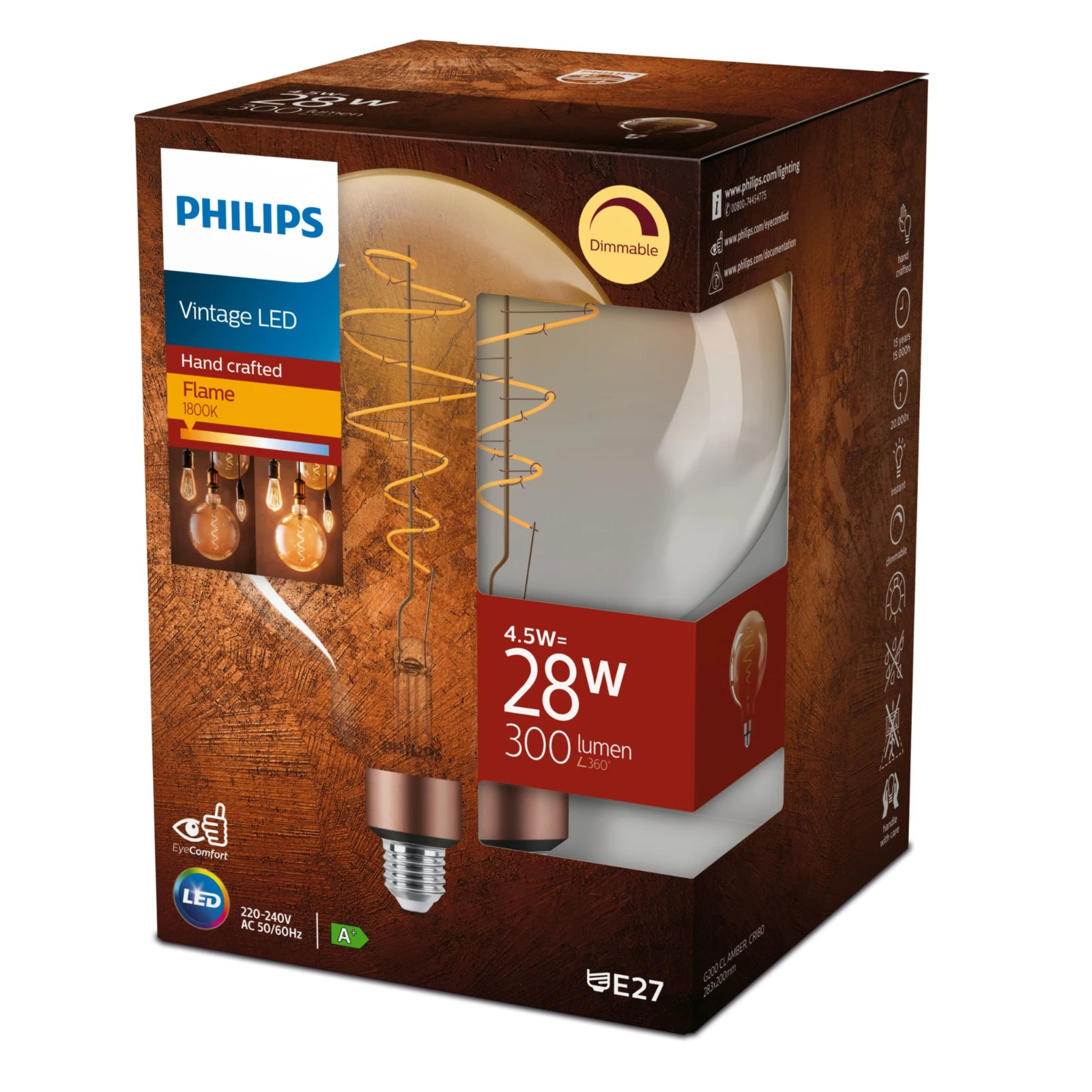 Philips Vintage LED Filament Globe 40W E27 G200 CL Amber