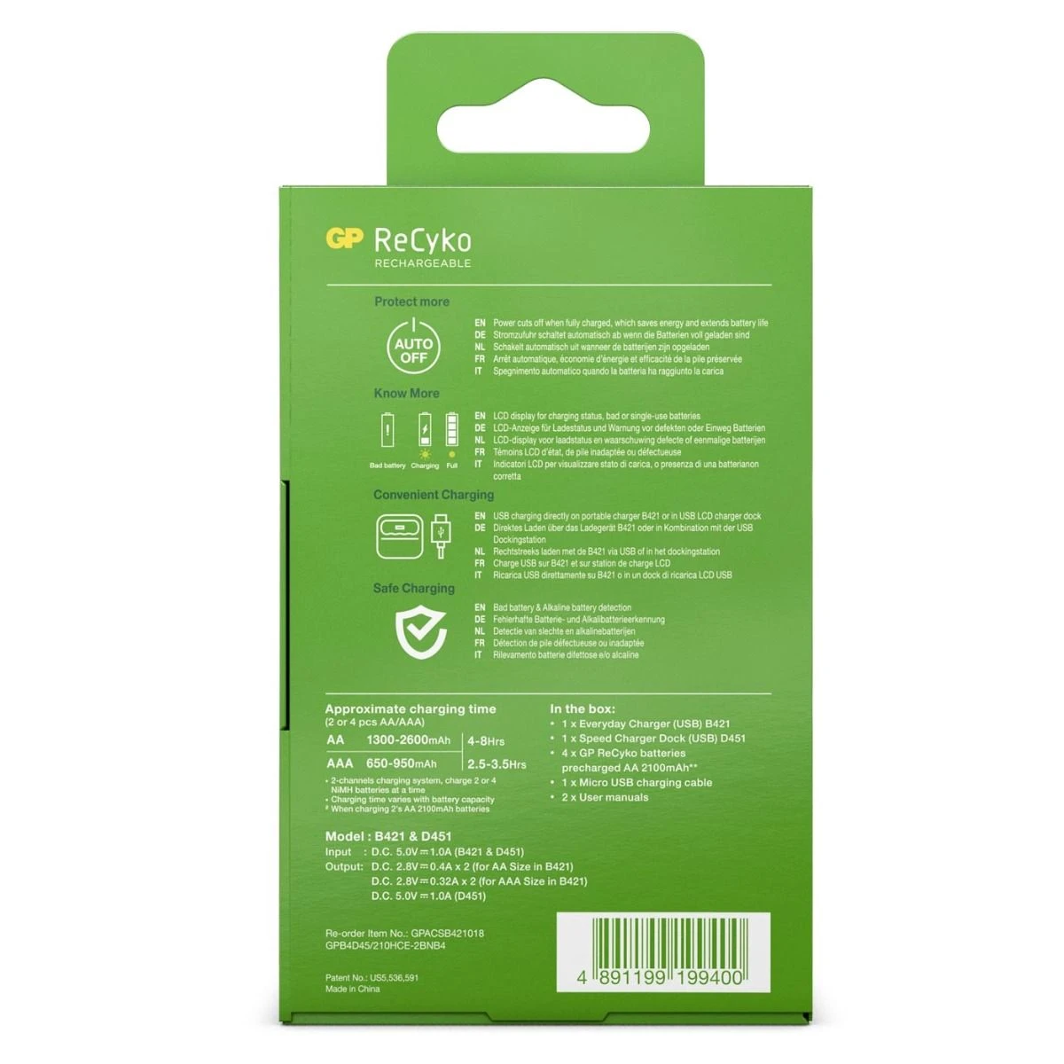 GP USB batterijlader ReCyko 4x AA 2100 mAh + docking station
