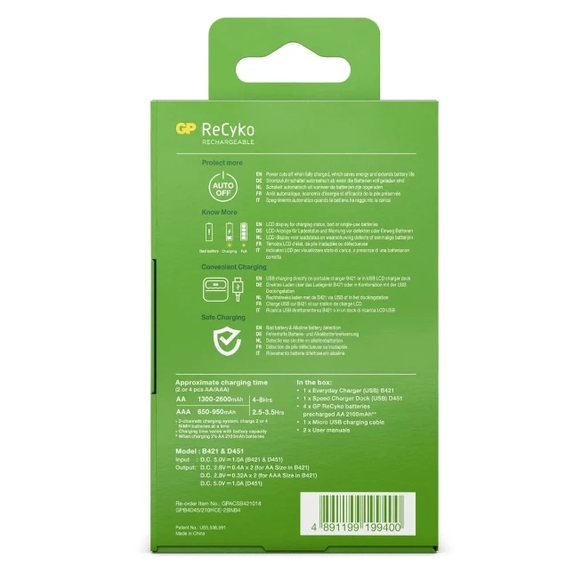 GP USB batterijlader ReCyko 4x AA 2100 mAh + docking station