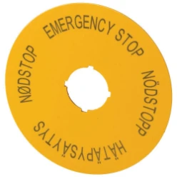 Schild, NOOD-HOLD, D=90mm, geel, EN, SV, FI, DA