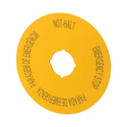 Schild, NOOD-HOLD, D=90mm, geel, DE, EN, ES, PT