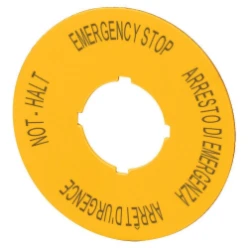 Schild, NOOD-HOLD, D=90mm, geel, DE, EN, FR, IT
