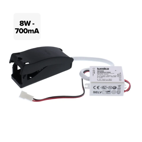 Mini led driver dimbaar 8W-700mA met extern aansluitbox en enkelvoudige JST-connector