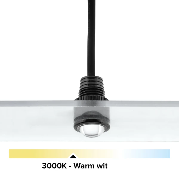 Zwarte mini LED IP67, 11mm, 0,5W, 3000K, met lens