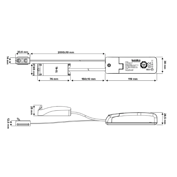 Led driver IP20 CV 350mA, 12,5W, 32V dimbaar, met snoer | 876819 | Lumiko