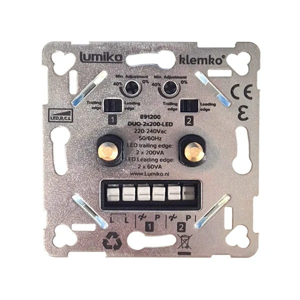 Lumiko Led dimmer duo 2x200W fase aan- of afsnijding, draai/ puls bediening | 891200
